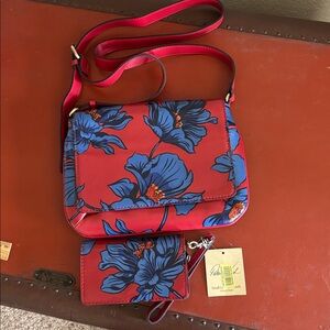 Patricia Nash Red and Blue Floral Crossbody Bag with matching wallet